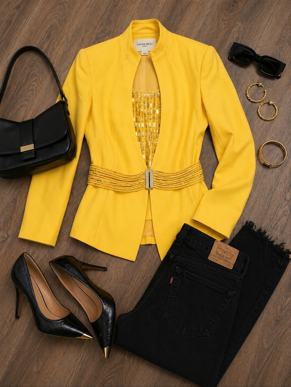 Louise Ricci Bold Canary Yellow Embellished Statement Blazer Size 10